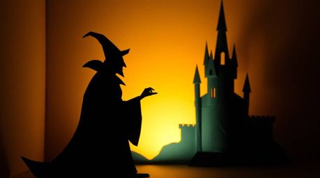 A captivating digital artwork showcasing an intricate origami silhouette of a classic Disney villain casting a spell within t
