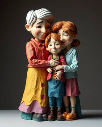 This vibrant papier-mâché sculpture captures a heartfelt family reunion in a delightful Pixar style. Layered with contrasting