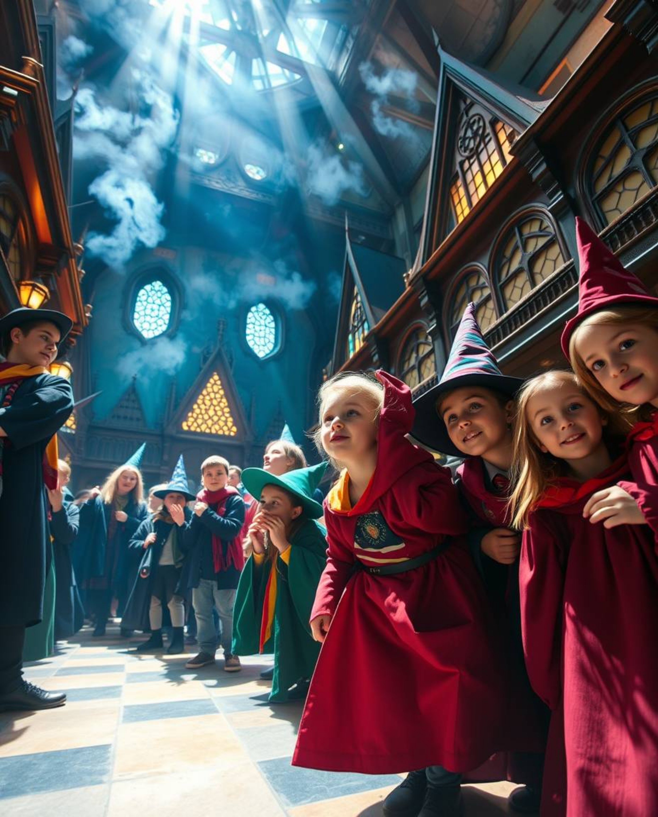 Step into a magical school brimming with young wizards and vibrant colors, captured from a low angle perspective to emphasize