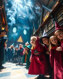 Step into a magical school brimming with young wizards and vibrant colors, captured from a low angle perspective to emphasize