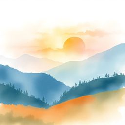 A delicate watercolor painting capturing a soft and dreamy atmosphere, depicting a sunset over a quiet mountain valley. Trans