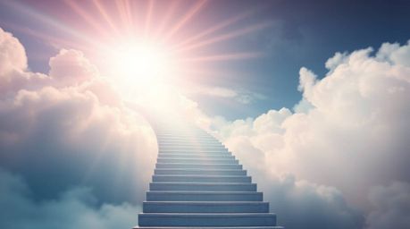 A surreal and ethereal image depicts a stairway ascending through dreamy, smoky clouds towards a radiant celestial light.  Re