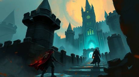 A dynamic digital sketch depicts a thief infiltrating a heavily guarded castle, rendered in a painterly style with glowing bi