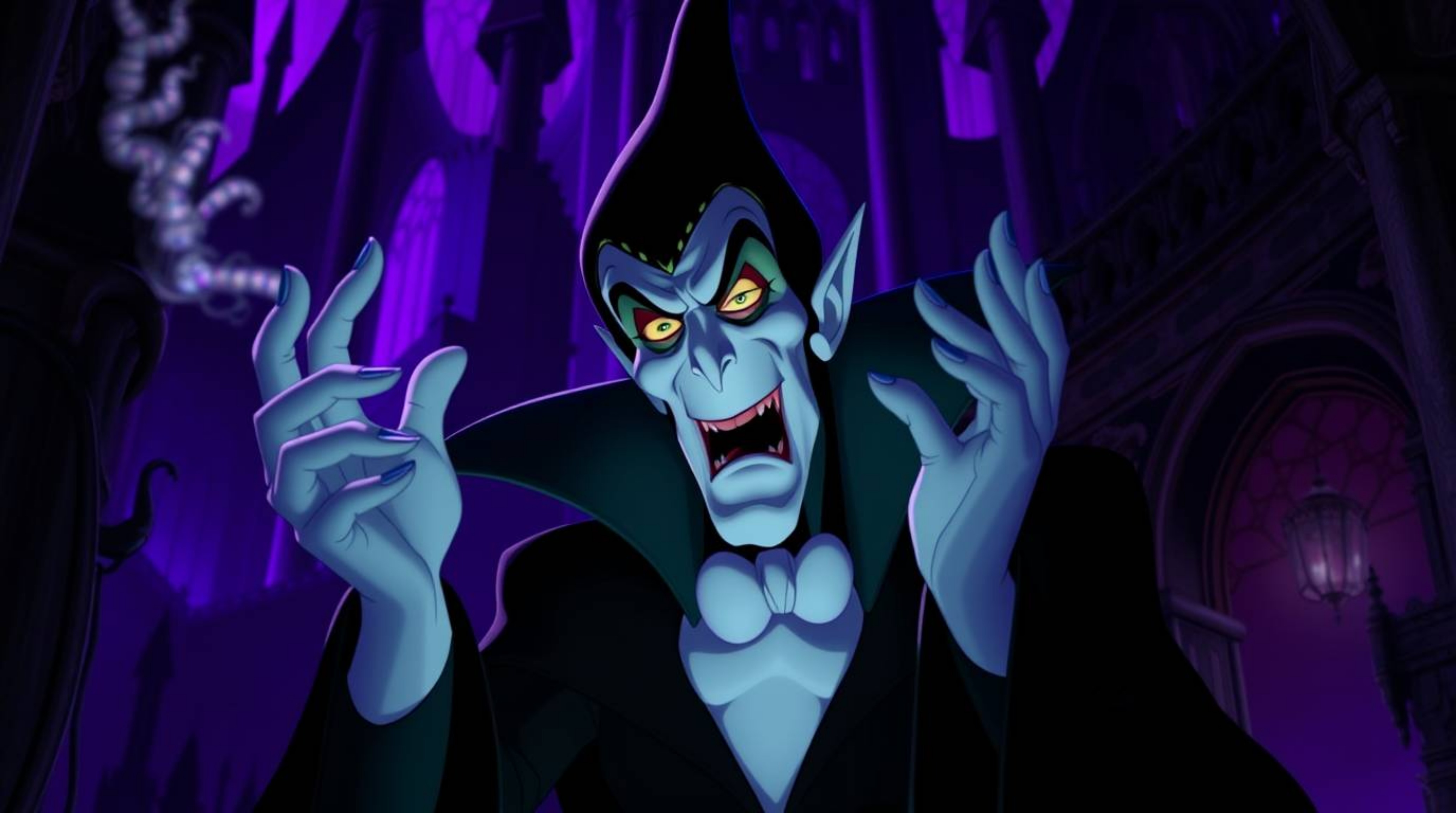 A classic Disney villain, with sharp features and pale skin, casts a powerful spell within a gothic castle. The scene is awa