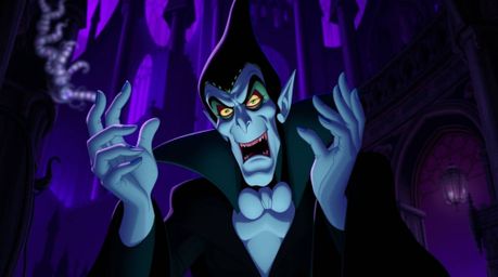 A classic Disney villain, with sharp features and pale skin, casts a powerful spell within a gothic castle.  The scene is awa