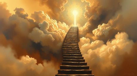A captivating surreal oil painting depicts a stairway ascending through smoky clouds towards a brilliant celestial light.  Th