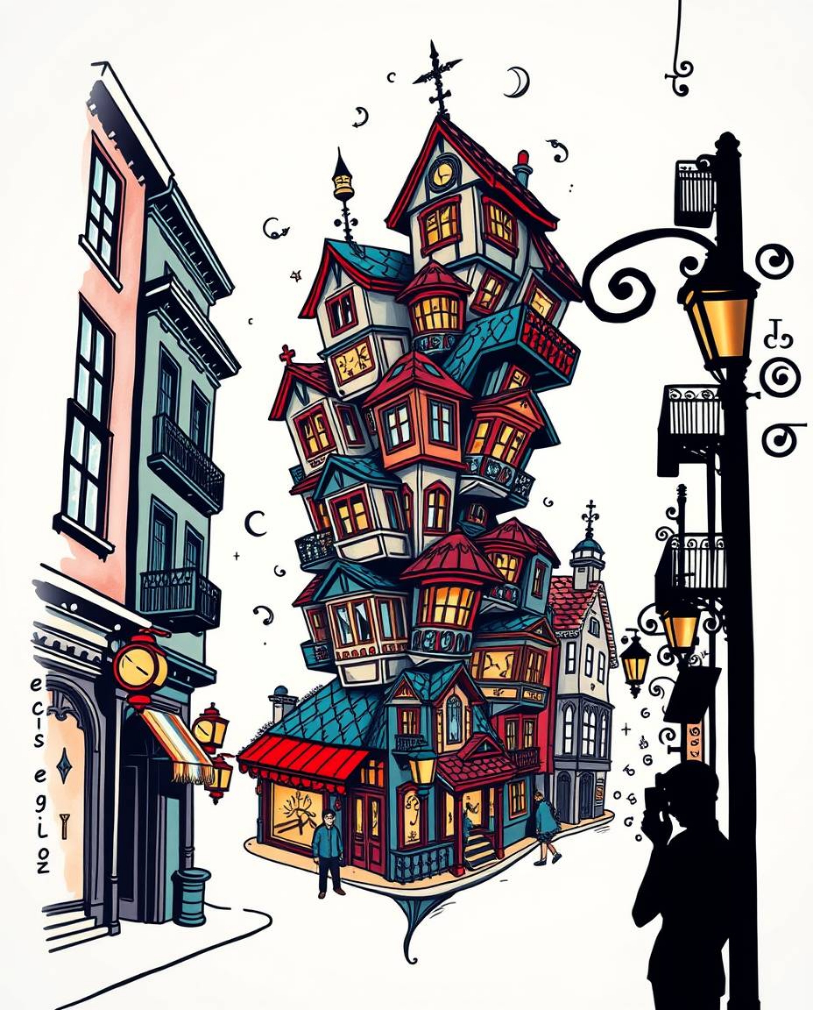 A symbolic traditional tattoo art print depicts a surreal street scene with folding and twisting buildings in vibrant colors 