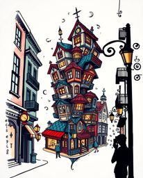 A symbolic traditional tattoo art print depicts a surreal street scene with folding and twisting buildings in vibrant colors 