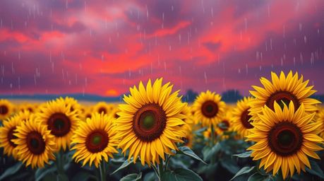 This classic oil painting captures a mesmerizing sunflower field under a dramatic deep red and purple sky. The artwork depict