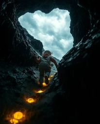 A captivating close-up shot of a child venturing into a mysterious cave, guided by glowing footsteps. The image focuses on in
