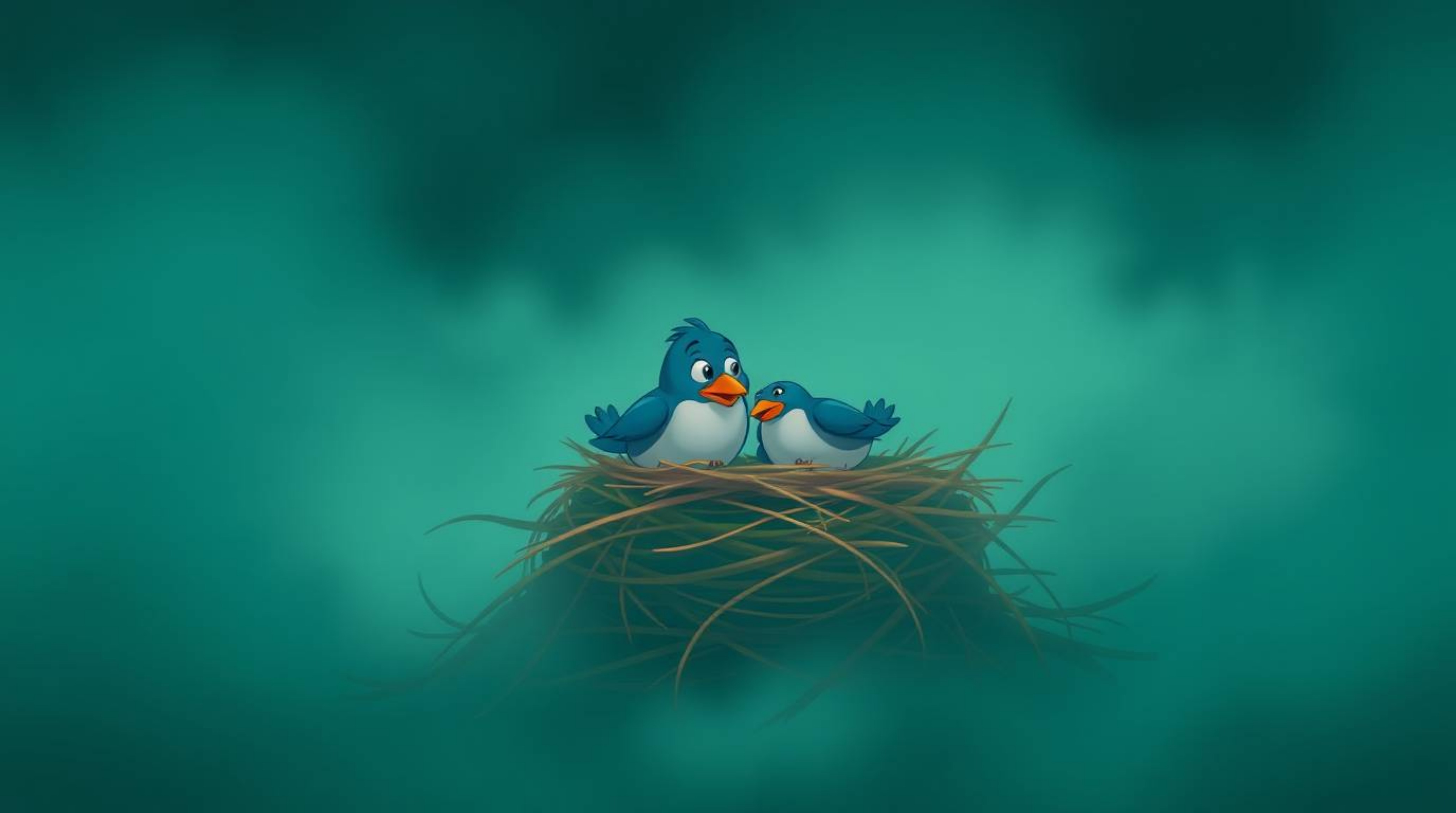 A whimsical scene depicting two cartoon birds diligently building a nest in a thick, mysterious fog. The animation style evo