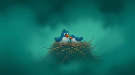 A whimsical scene depicting two cartoon birds diligently building a nest in a thick, mysterious fog. The animation style evo