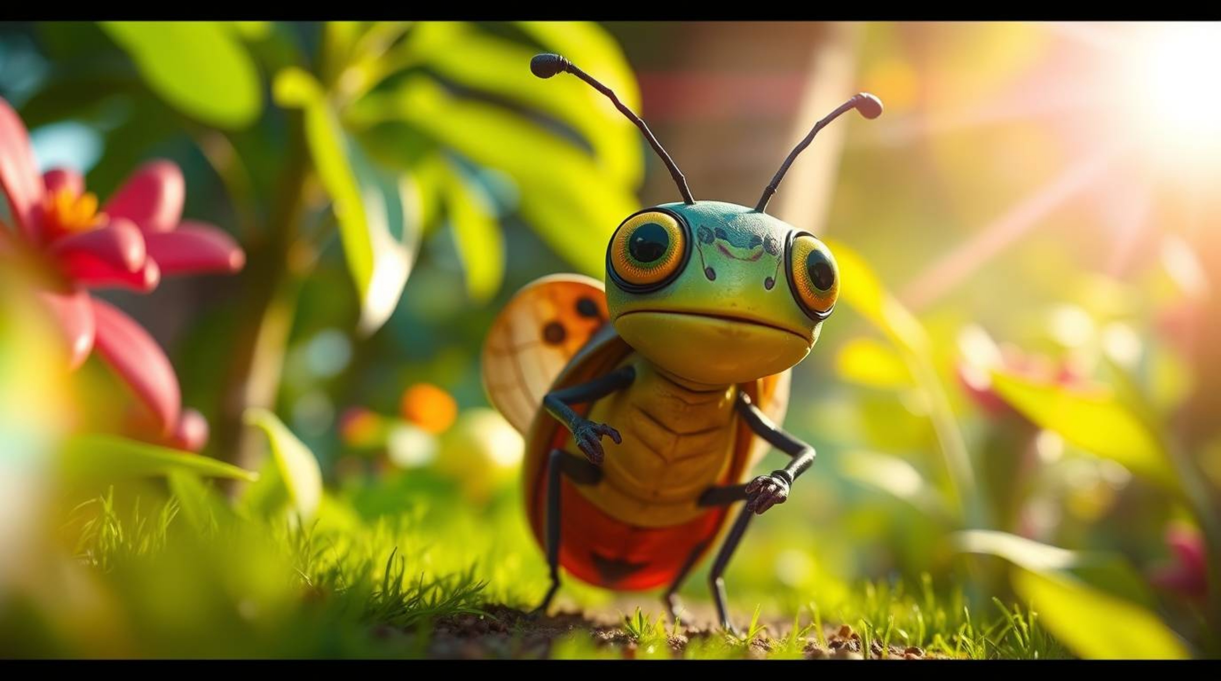 Experience a stunning adventure where a miniature hero explores a vividly colored backyard jungle, bathed in bright lens flar