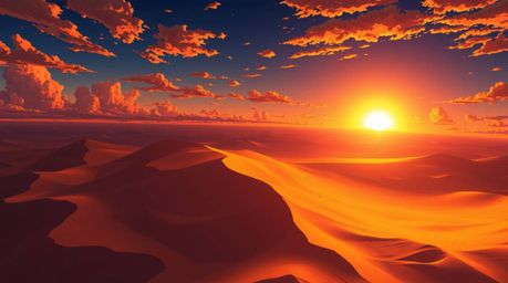 Experience a breathtaking overhead view of a vibrant sunset at the edge of a desert, rendered in a captivating Isekai anime s
