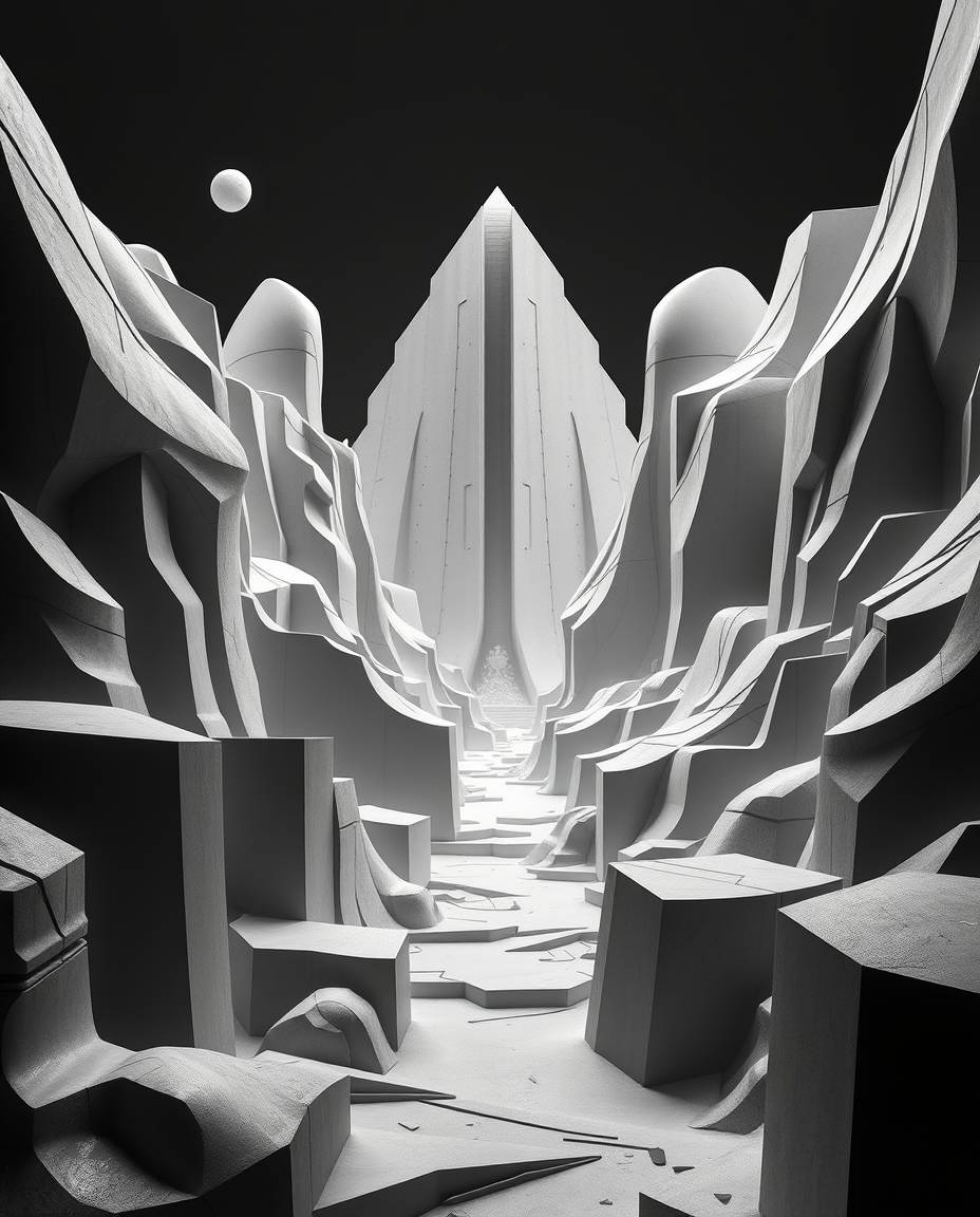 Explore a world of epic black and white 3D shapes, rendered in massive scale with heroic elements and a timeless, elegant fut