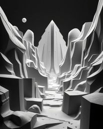 Explore a world of epic black and white 3D shapes, rendered in massive scale with heroic elements and a timeless, elegant fut