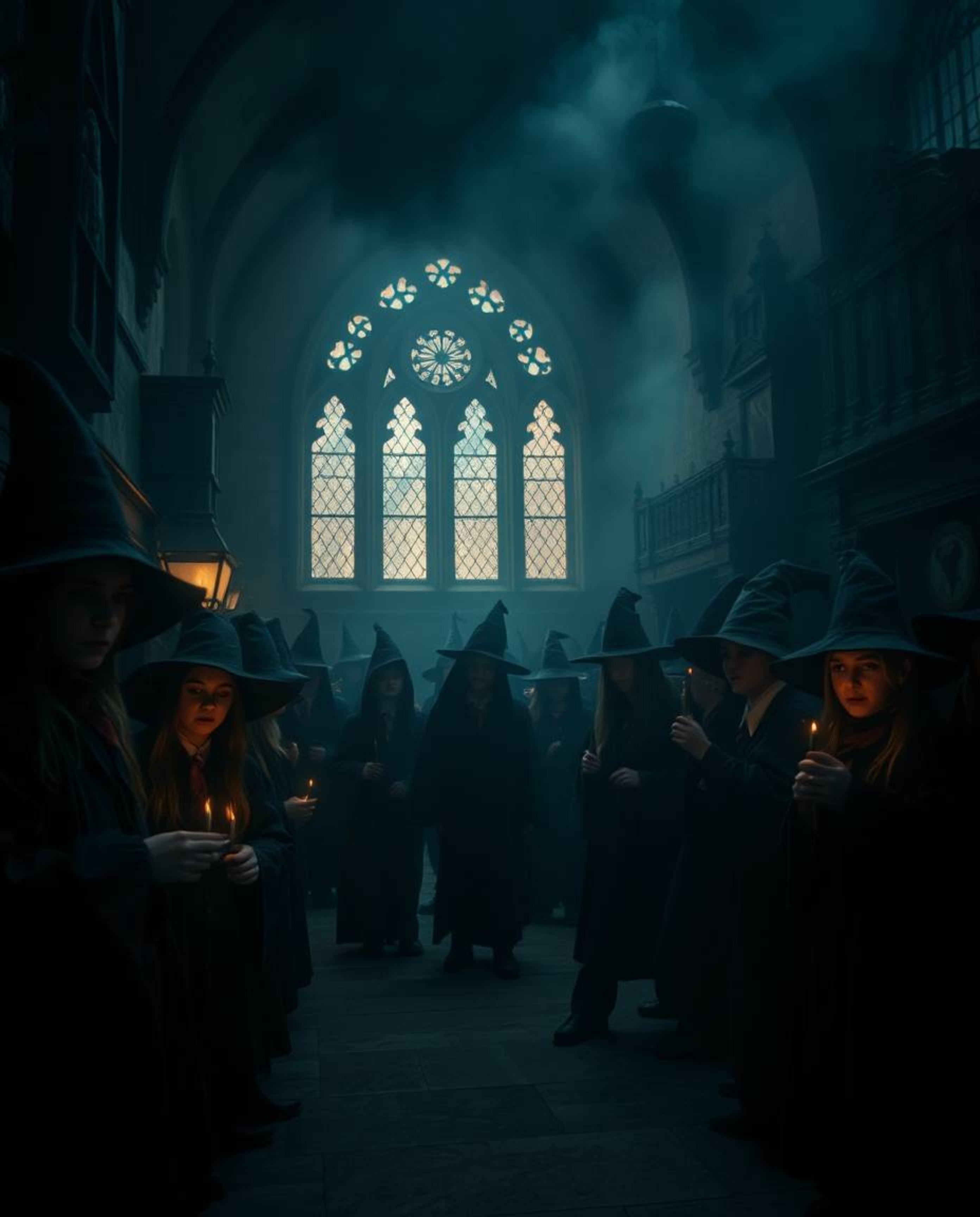 Immerse yourself in a magical school filled with young wizards, shrouded in dark tones and unsettling details. The soft focus