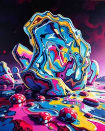 A striking acrylic painting depicts surreal 3D fluid shapes that resemble melted glass, rendered in a hyperrealistic sci-fi e