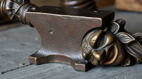 A striking image depicting a cast bronze anvil with a patina finish, captured in a tight close-up, poised to fall on a tricks