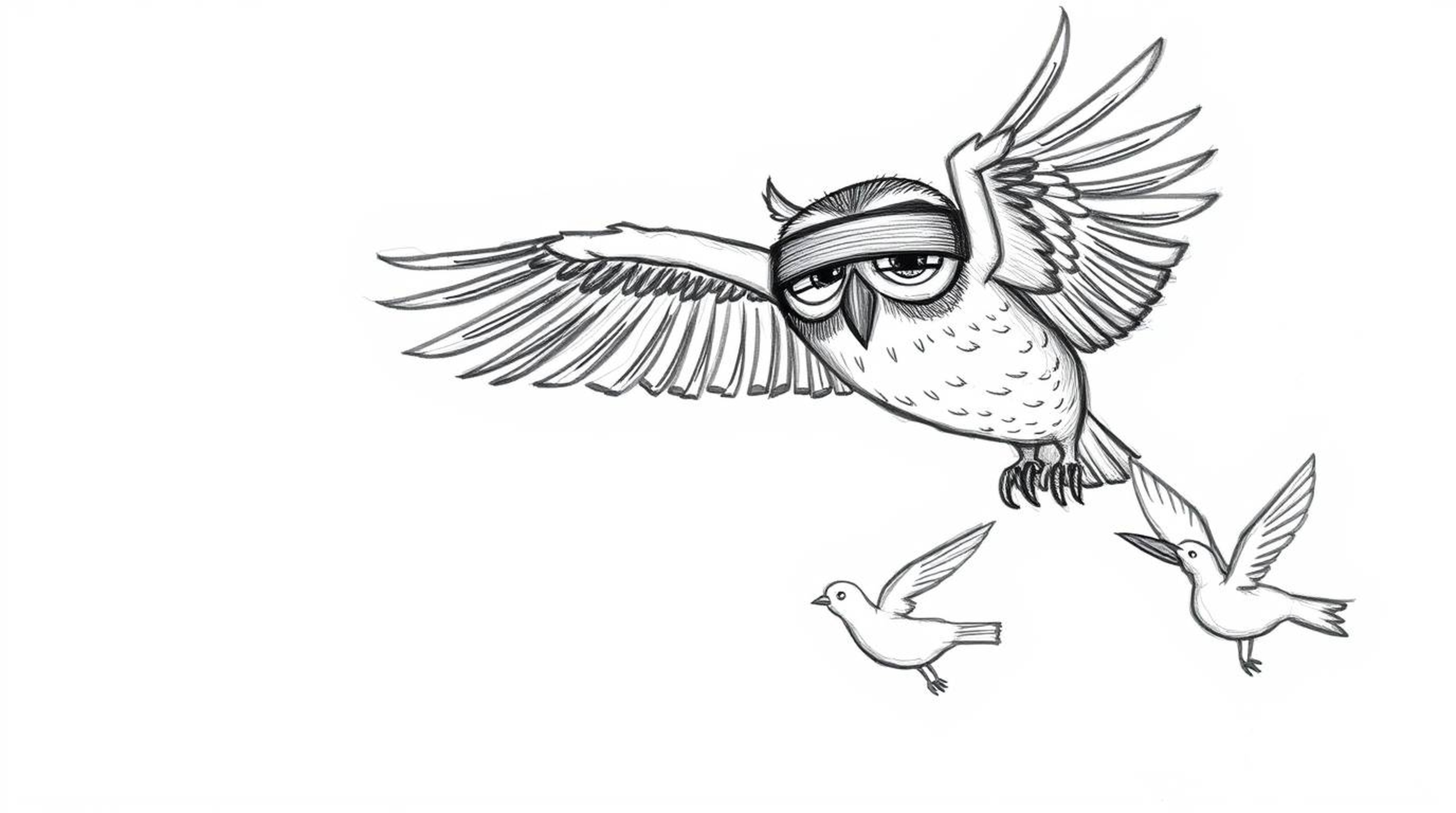 This artwork features a Pixar-style, hand-drawn sketch of a blind owl with gentle, expressive eyes, imparting flight wisdom t