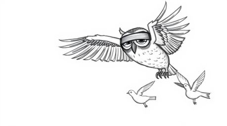 This artwork features a Pixar-style, hand-drawn sketch of a blind owl with gentle, expressive eyes, imparting flight wisdom t
