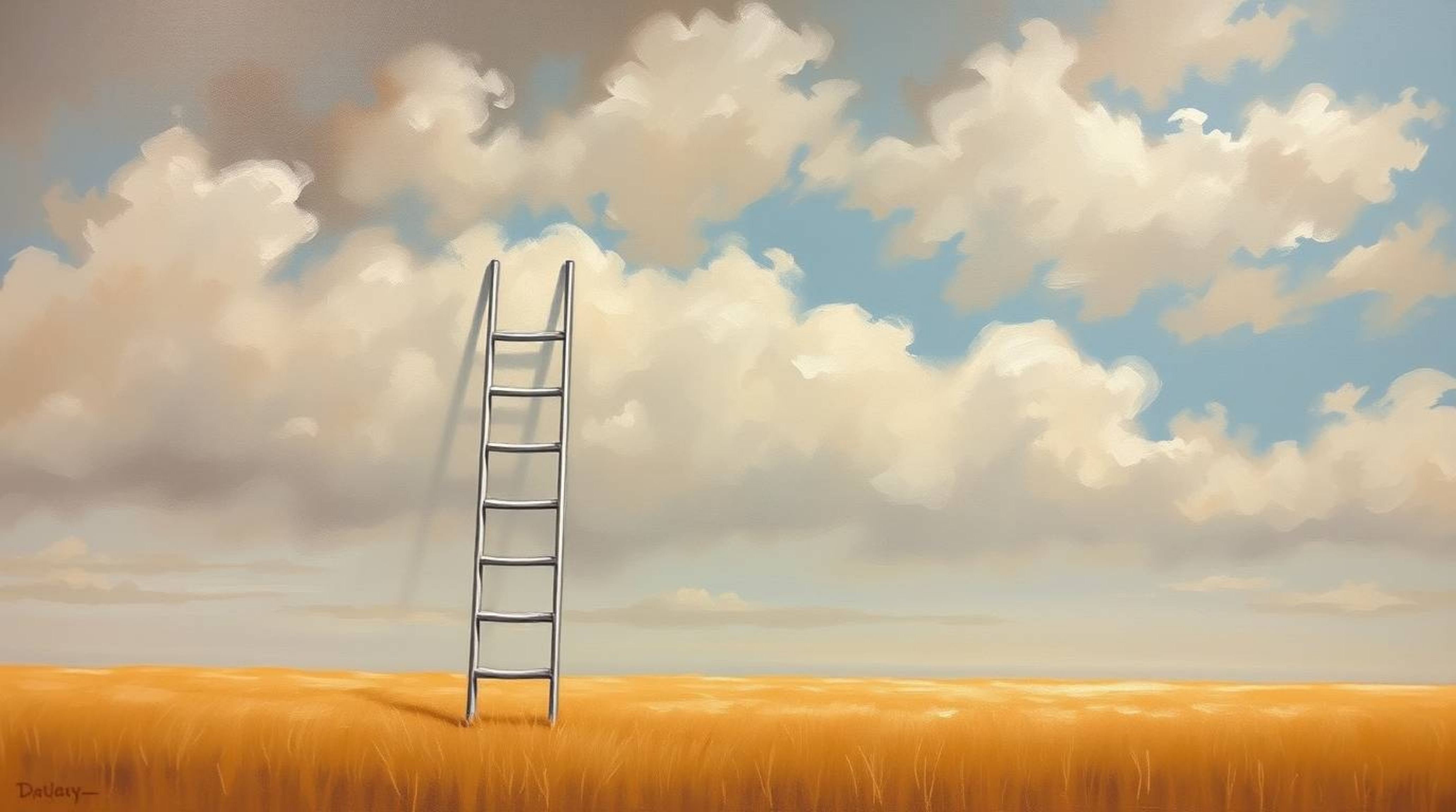 This minimalist oil painting captures a powerful metaphor for opportunity.  A silver ladder stands alone in an open field ben