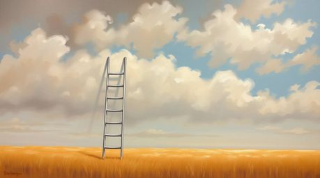 This minimalist oil painting captures a powerful metaphor for opportunity.  A silver ladder stands alone in an open field ben