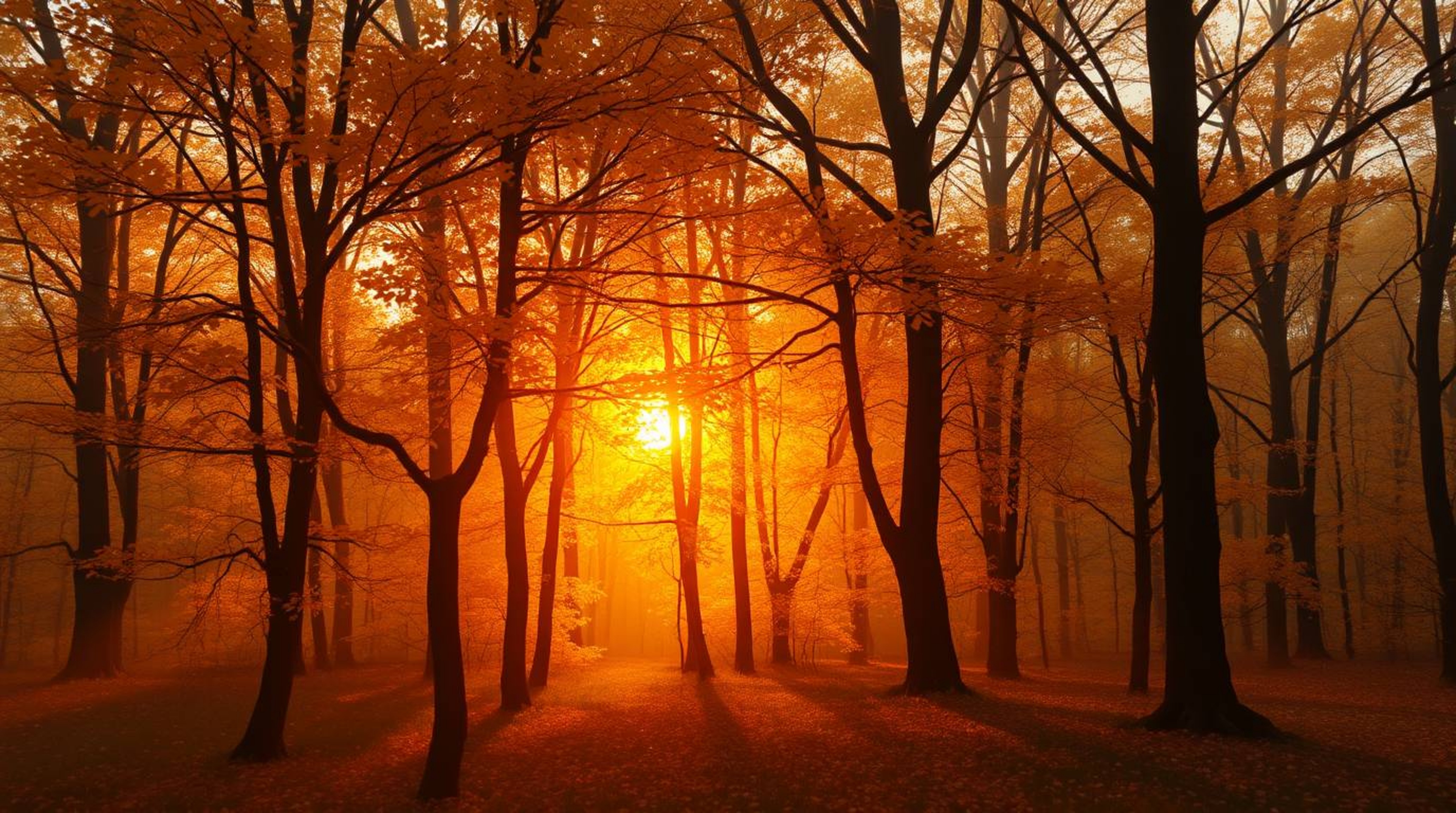 A stunning digital painting depicting an autumn forest bathed in the golden light of a sunset.  Smooth gradient transitions, 