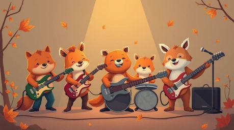 A whimsical scene of cartoon animals passionately playing rock music is captured in a fine art photography style. Warm autumn