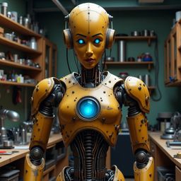 A highly detailed, life-sized robot with striking blue eyes and brass-like skin stands in a dimly lit laboratory. This advanc