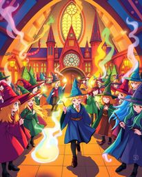 Immerse yourself in a vibrant and energetic magical school brimming with young wizards!  This captivating scene is depicted i