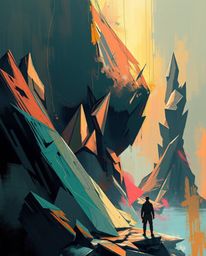 A captivating digital painting showcases abstract shapes imbued with glitch effects, fragmentation, and scanlines.  Loose pai