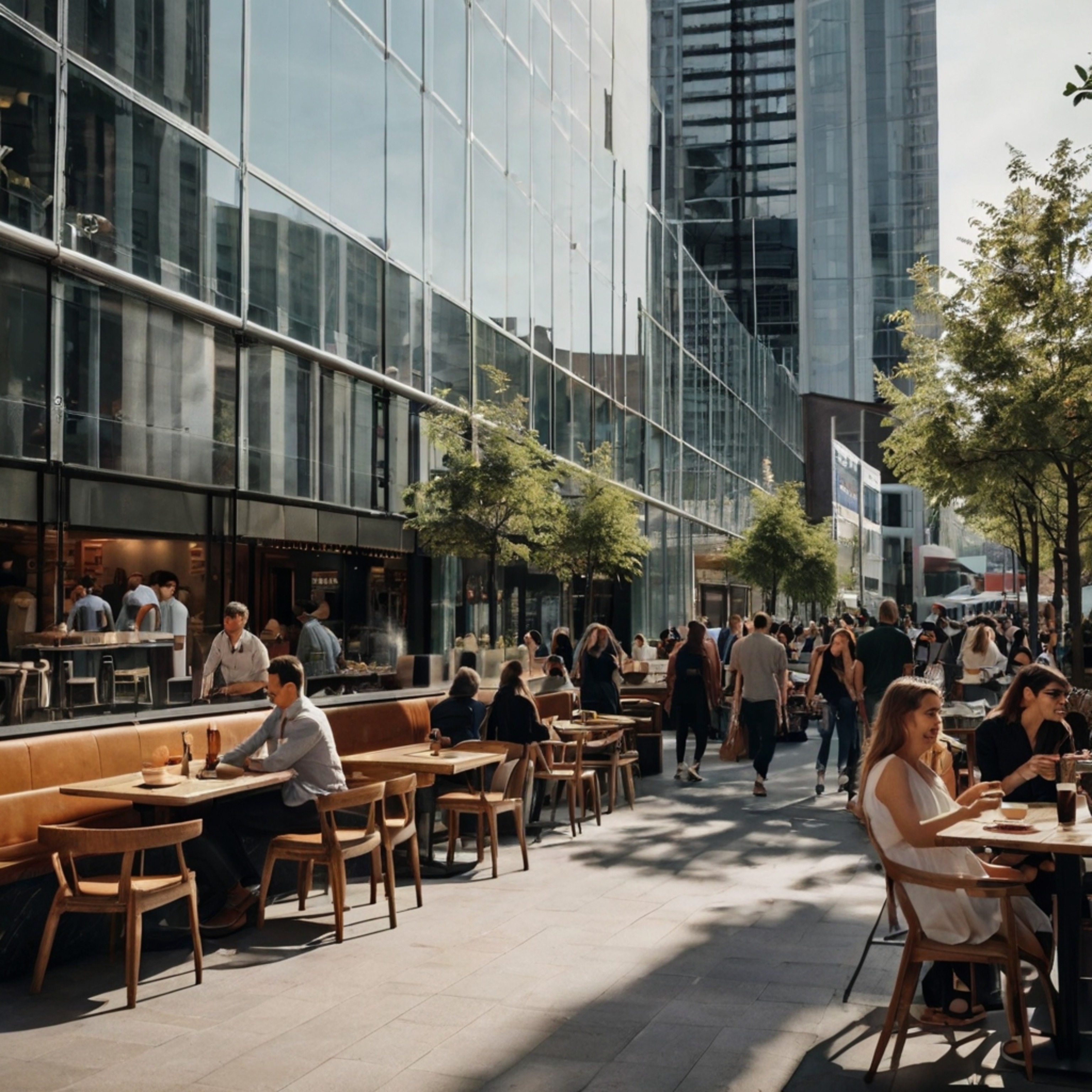 This modern city center boasts striking architecture with large glass buildings that reflect the vibrant urban environment. W
