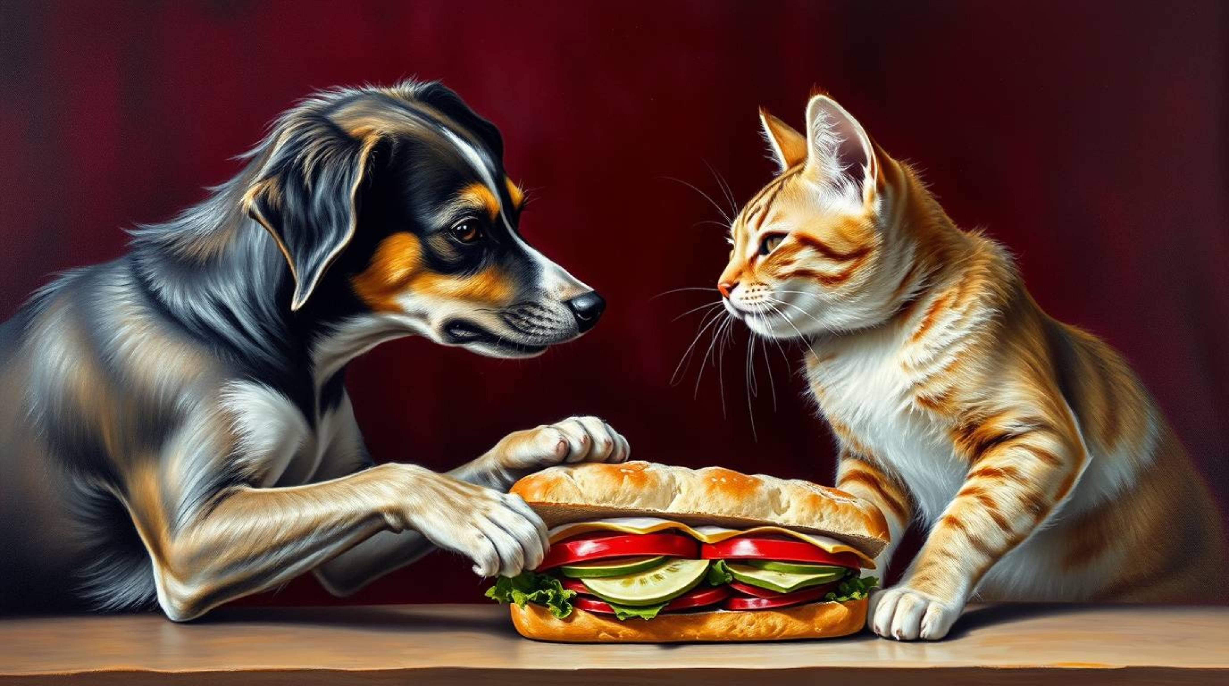A captivating oil painting showcases a graceful and elegant depiction of a dog and cat engaged in a humorous battle over a la