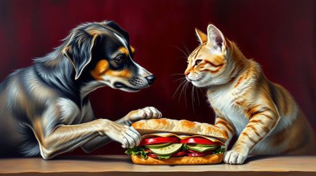 A captivating oil painting showcases a graceful and elegant depiction of a dog and cat engaged in a humorous battle over a la