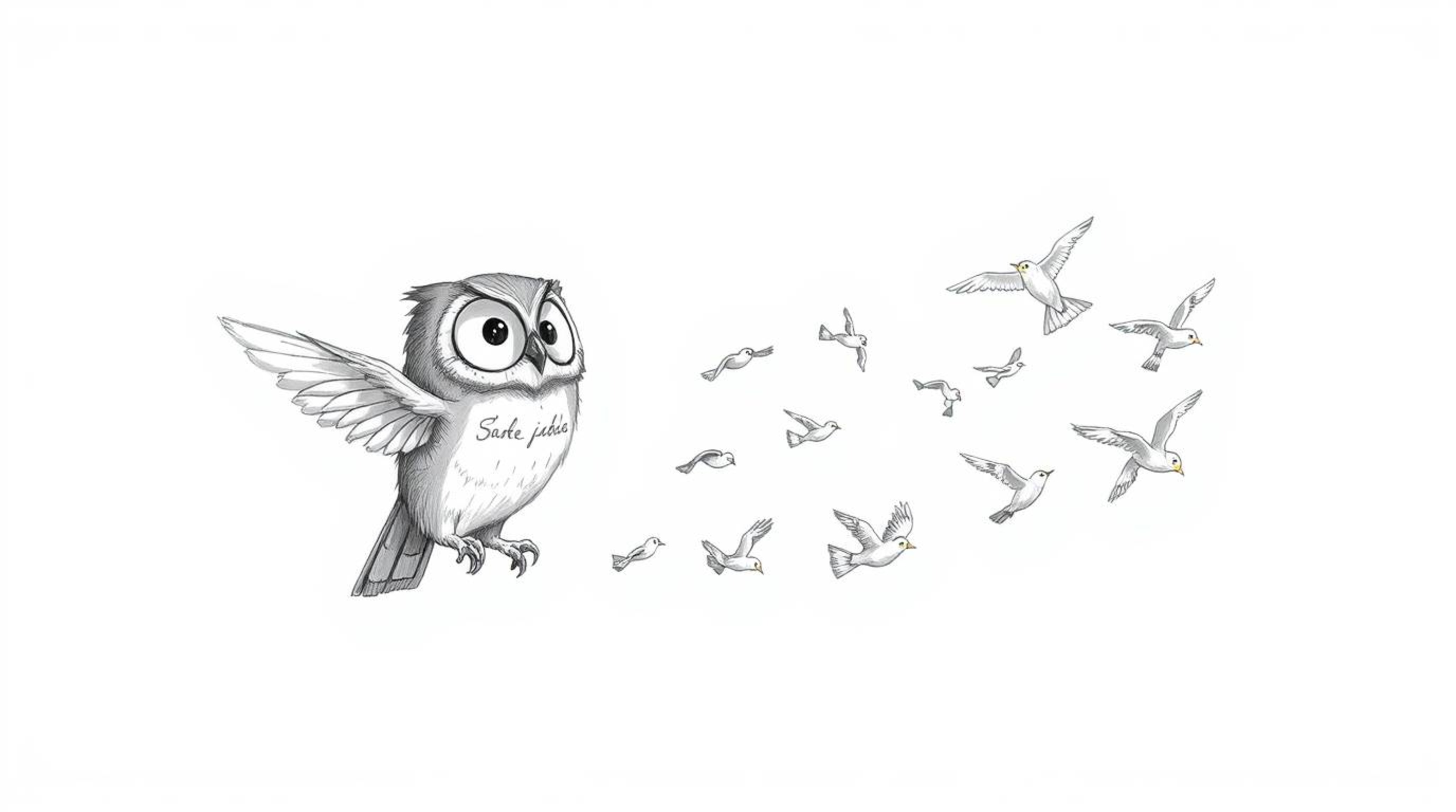 A heartwarming, hand-drawn sketch in the style of Pixar depicts a blind owl with expressive eyes patiently teaching a flock o