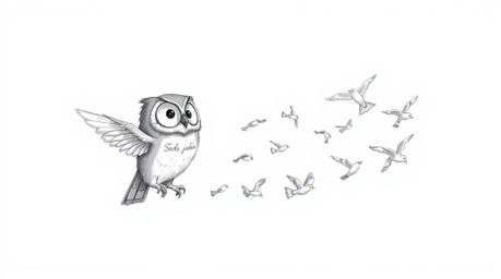 A heartwarming, hand-drawn sketch in the style of Pixar depicts a blind owl with expressive eyes patiently teaching a flock o