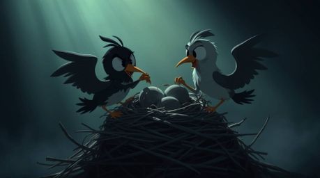 Two cartoon birds diligently constructing a nest in a classic animation style, rendered with gentle soft light that contrasts