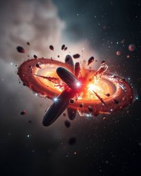 A stunning close-up captures the dramatic collision of two galaxies in a cosmic explosion.  The image features a soft cinemat