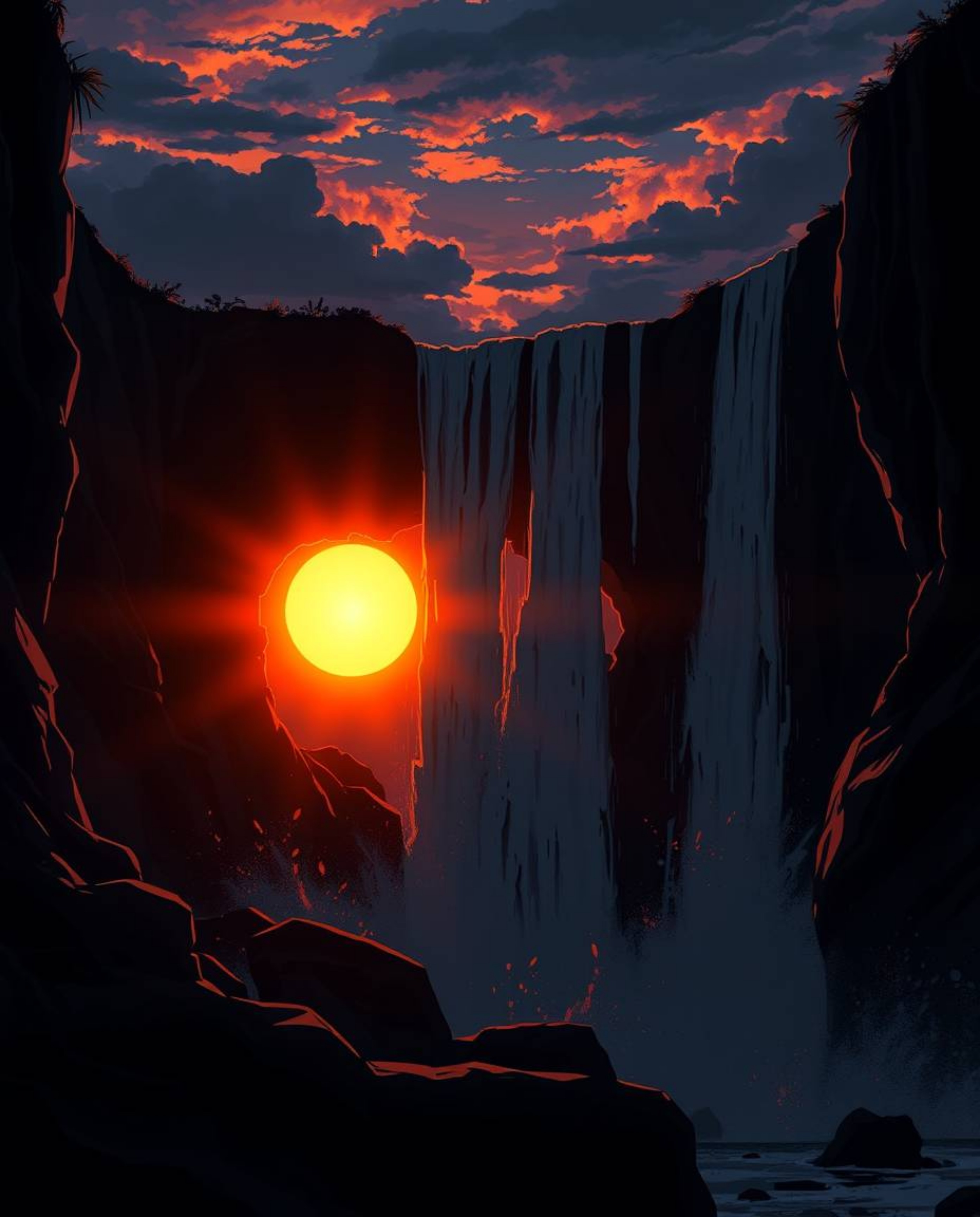 High contrast, low-key lighting in an Isekai anime style portrays a sun setting behind a dramatic waterfall. Deep shadows and
