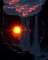 High contrast, low-key lighting in an Isekai anime style portrays a sun setting behind a dramatic waterfall. Deep shadows and