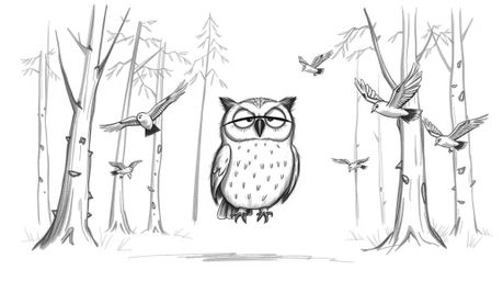 A heartwarming hand-drawn sketch in the style of Pixar depicts a blind owl with gentle features patiently teaching a flock of