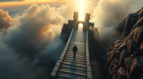 A lone figure ascends a stone staircase toward a divine light beam against a backdrop of thick smoke and a vibrant sunset sky