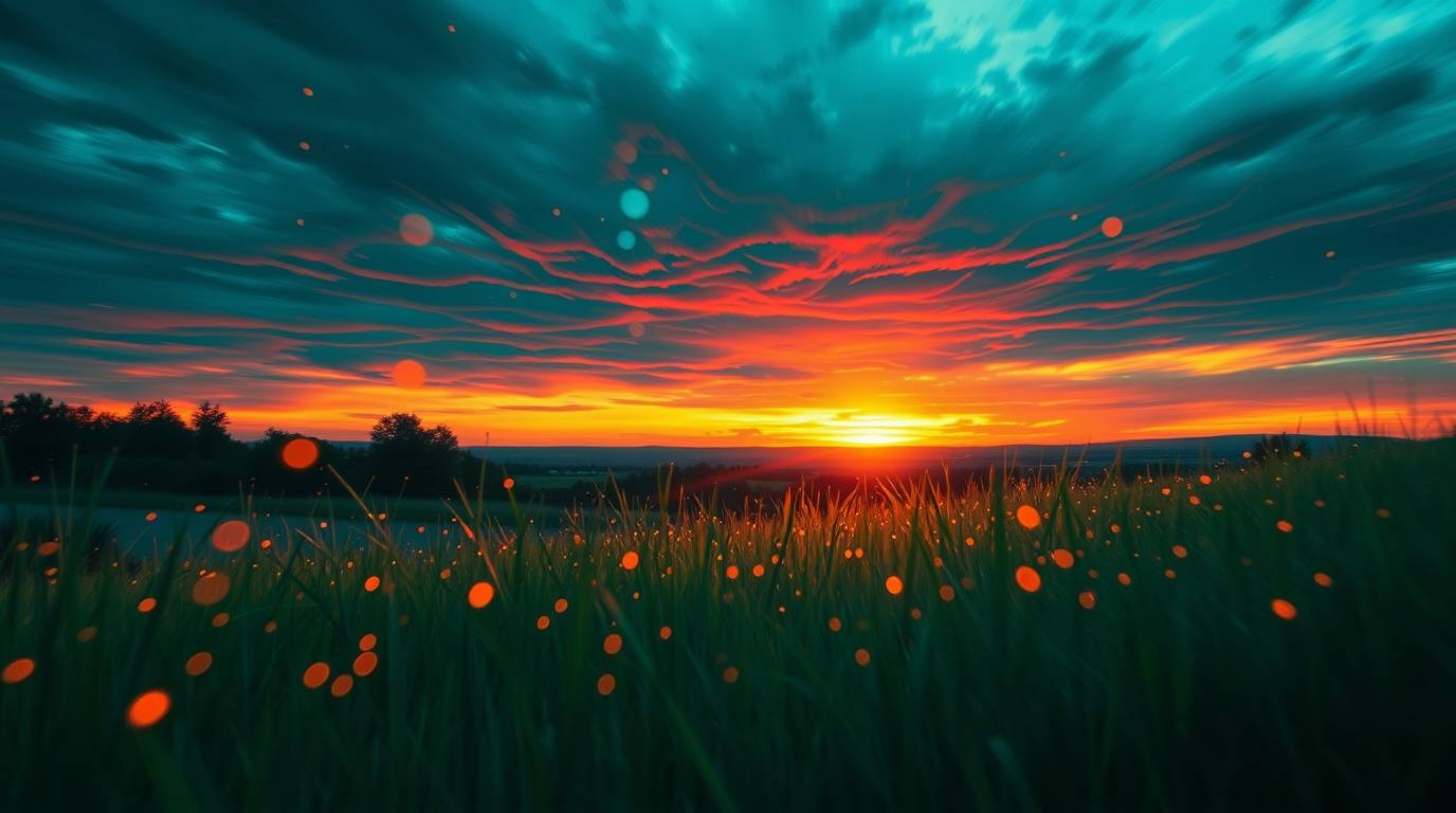 Experience a breathtaking digital painting depicting a rich, deep teal sunset over a tranquil meadow, where fireflies begin t