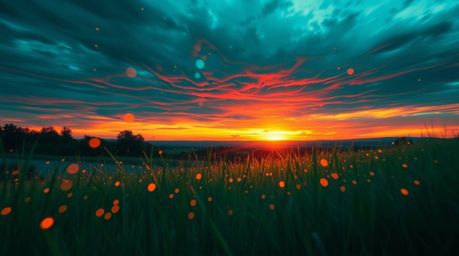 Experience a breathtaking digital painting depicting a rich, deep teal sunset over a tranquil meadow, where fireflies begin t