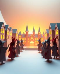Experience a captivating world of young wizards in a magical school, rendered in a stunning origami style. This artwork featu