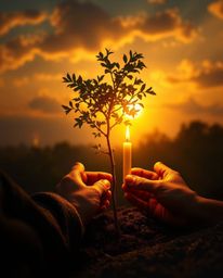 A captivating digital painting in a dramatic cinematic style showcases hands planting a tree under a breathtaking golden sky.