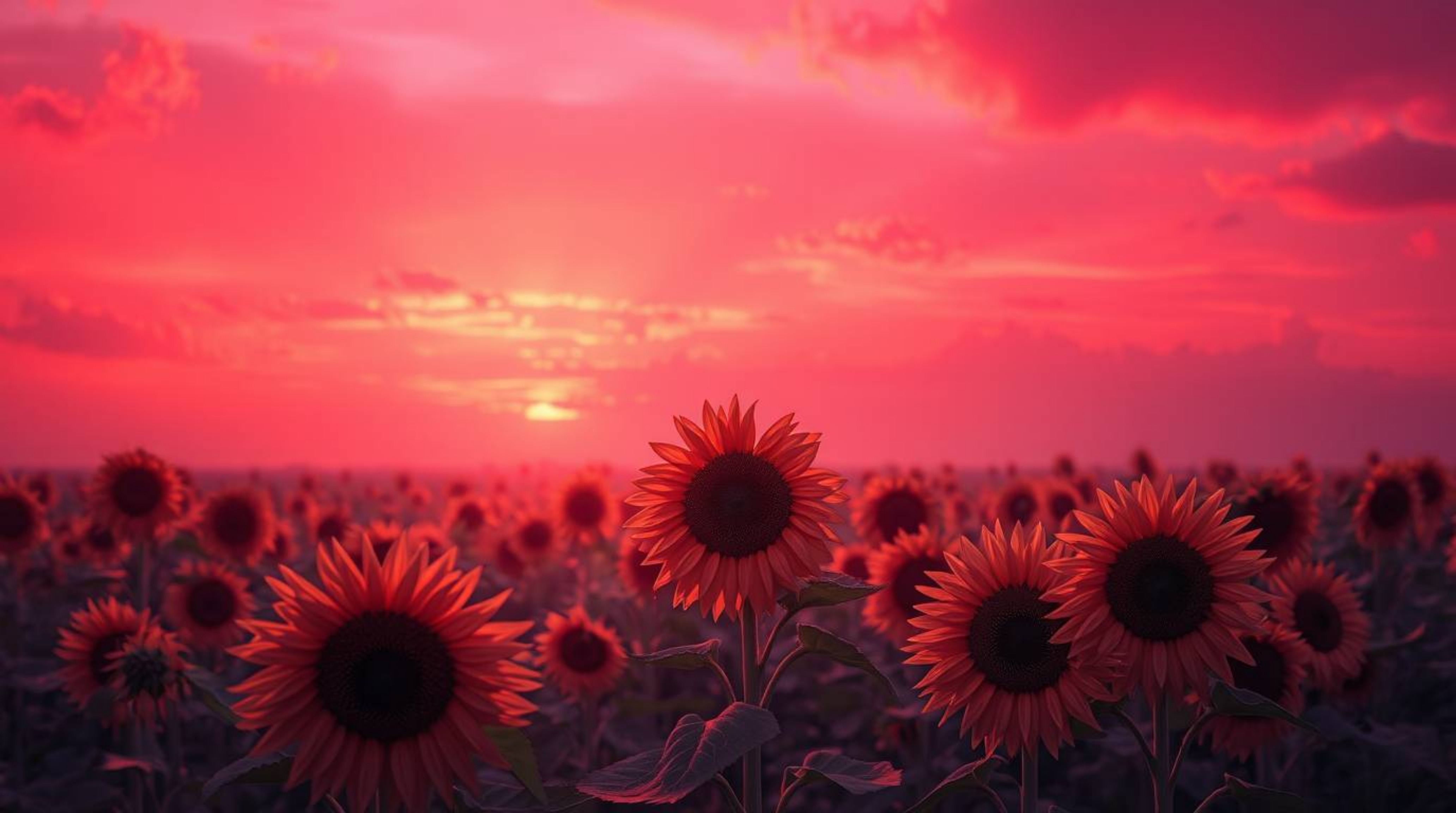 Experience a surreal and dreamlike depiction of a sunflower field bathed under a deep red and purple sky, showcasing iridesce