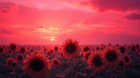 Experience a surreal and dreamlike depiction of a sunflower field bathed under a deep red and purple sky, showcasing iridesce