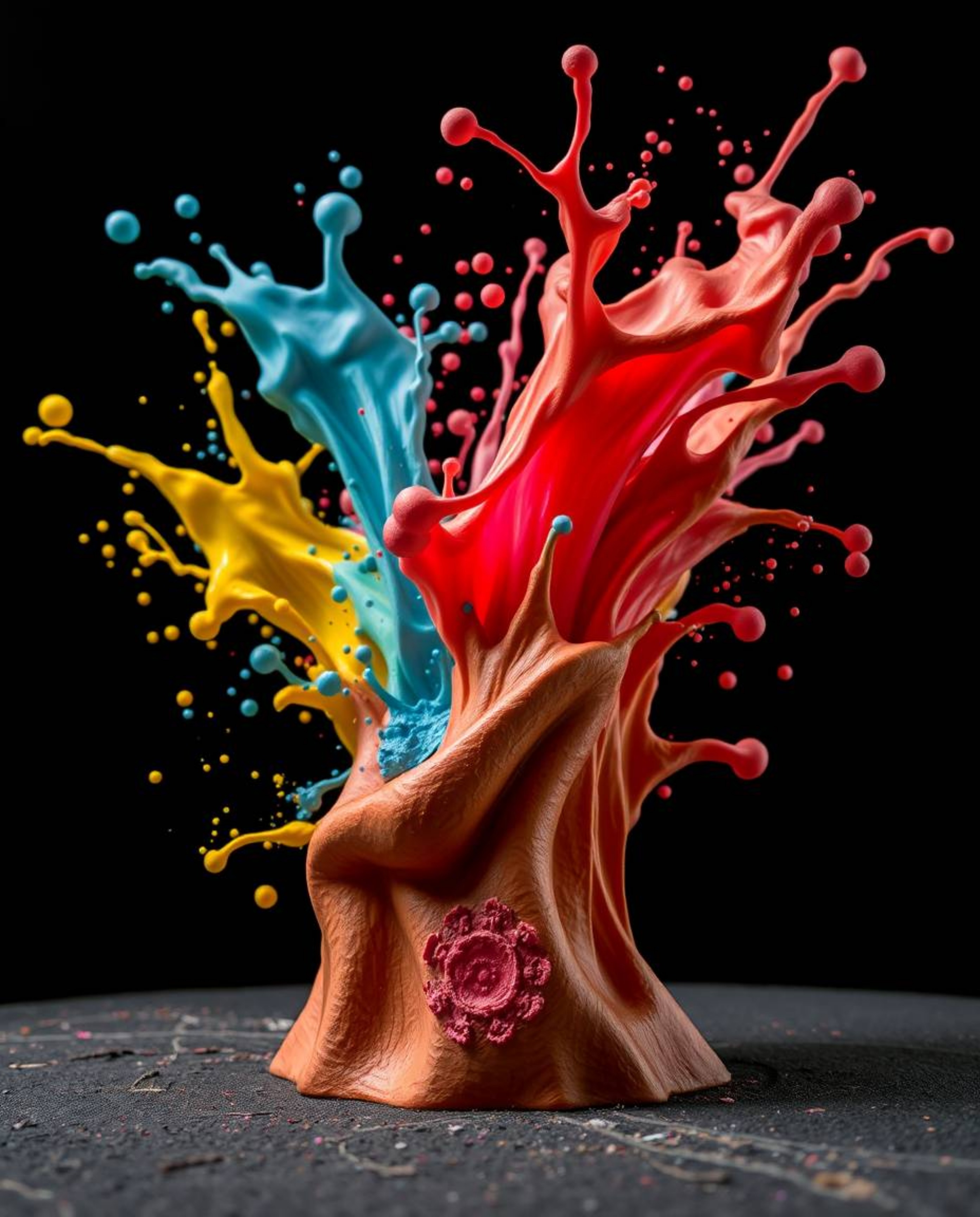 This captivating artwork features a low-angle perspective of sculptural clay art, brought to life with dynamic and colorful s